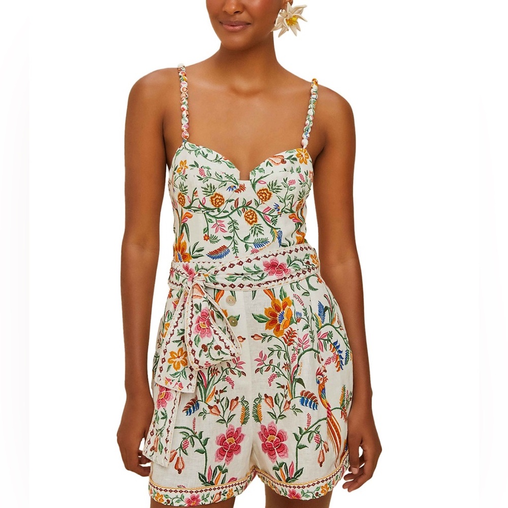 FARM Rio Cream Floral Embroidered Romper with Pink, Orange & Green Details